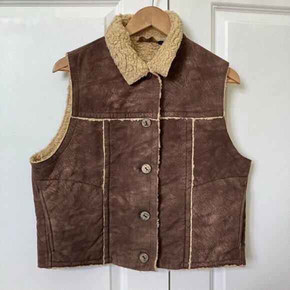 Vintage Jackets & Blazers - Vintage Tsunami Vest Faux Suede Sherpa Lined Brown Tan Womens Large